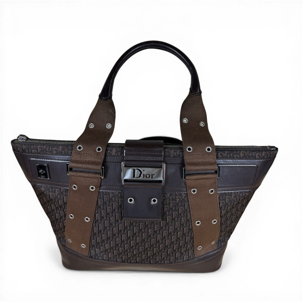 Vintage Christian Dior Street Chic Tote Bag Brown Monogram Canvas‎ Leather